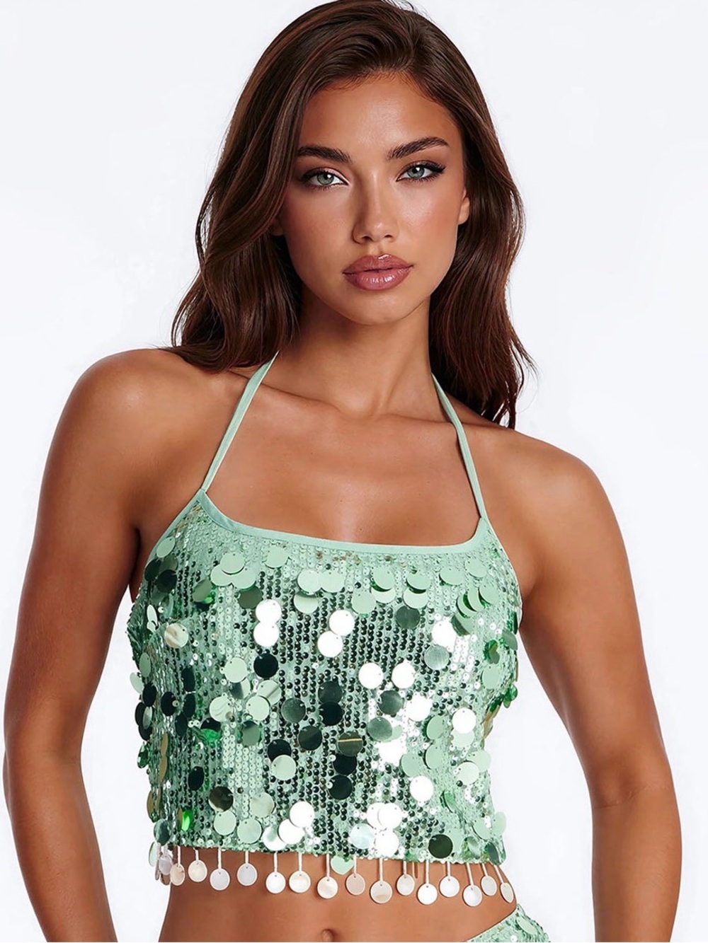 Fashion Nova Mint Sequin Halter Crop Top